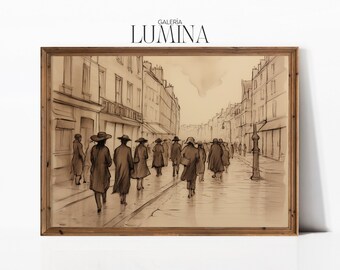 People Walking in Paris Street Drawing French Cityscape Sketch Neutral Vintage Cityscape Sketch Print Digital Printable Art Frame TV Art 275