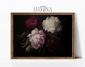 Dark Moody Peony Flowers Oil Painting Victorian Botanical Peonies Print Vintage Romantic Floral Art Digital Printable Art Frame TV Art 885