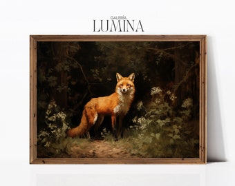 Fox in the Forest Original Oil Painting Cottagecore Woodland Wall Art Rustic Animal Portrait Painting Digital Printable Art Frame TV Art 613