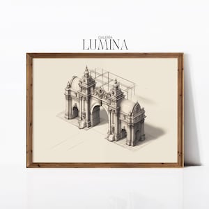 Könnte beinhalten: Eine gerahmte Schwarzweißzeichnung eines architektonischen Torbogens mit filigranen Details. Die Zeichnung trägt den Titel "Galeria Lumina" in der oberen Mitte des Rahmens.
