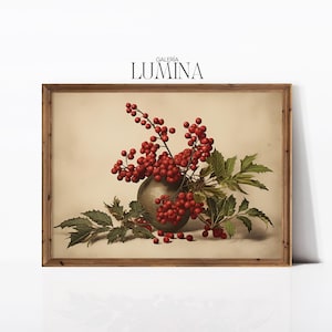 May include: A vintage-style print of a still life featuring a vase filled with red berries and green leaves. The vase is a muted green color and the berries are arranged in a cluster. The print is framed in a wooden frame.