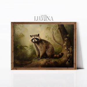 Procione nella foresta dipinto a olio Cottagecore Woodland Wall Art ritratto di animale rustico dipinto arte stampabile digitale cornice TV Art 614