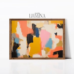May include: Abstract painting in a wooden frame with a colorful mix of pink, yellow, blue, black, and white paint. The painting is titled "Galeria Lumina".