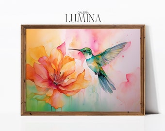 Hermosa pintura de acuarela de colibrí Arte colorido de colibrí Pintura de aves de acuarela de la naturaleza Arte digital imprimible Marco de arte de TV 887