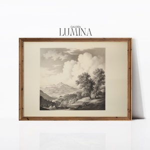 Rustic Landscape Drawing Countryside Scene Pencil Sketch Vintage Farmhouse Decor Antique Landscape Digital Printable Art Frame TV Art 758