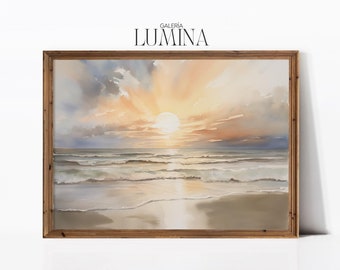 Alba sulla spiaggia Acquerello Dipinto Paesaggio oceanico Stampa Decorazione murale costiera Paesaggio mattutino Arte digitale stampabile Cornice TV Arte 770