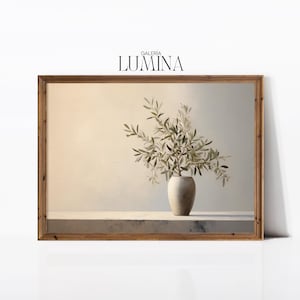 Olive Tree in Vase Oil Painting Minimalist Vintage Botanical Print Neutral Rustic Greenery Painting Digital Printable Art Frame TV Art 616