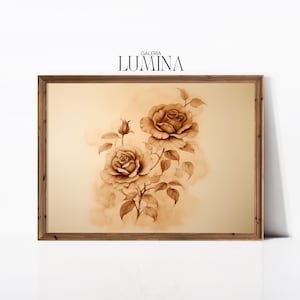 Pintura de tinta marrón con rosas, ilustración floral vintage, elegante boceto de rosa, arte de pared botánico, marco de arte imprimible digital, arte de TV 832