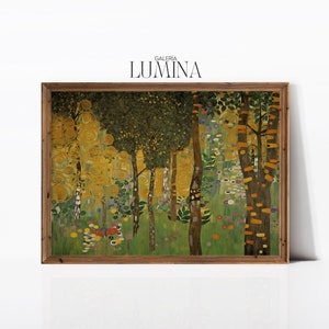 May include: A framed painting of a forest scene with trees in shades of green, yellow, and brown. The trees are painted in a stylized, almost abstract style, with swirling patterns and dots. The painting is titled "GALERIA LUMINA".