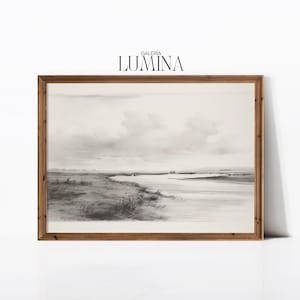 Vintage Beach Pencil Drawing Beach Landscape Sketch Sea Sketch Print Antique Etching Neutral Wall Art Digital Printable Art Frame TV Art 482
