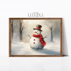 Süßer Schneemann in der verschneiten Landschaftsmalerei Winterurlaub-Szene Druck Festlicher Weihnachtsschneemann-Druck Digital druckbare Kunstrahmen TV-Kunst 740