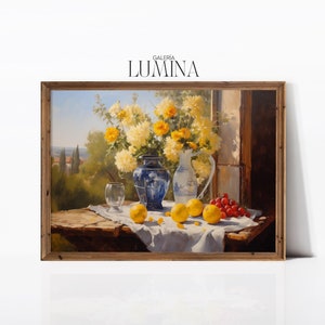 Mediterranean Still Life Oil Painting Italian Kitchen Lemon Still Life Print Floral and Citrus Print Digital Printable Art Frame TV Art 664