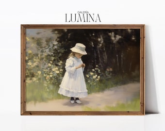 小さな女の子のオリジナル絵画、野生の花の女の子の油絵、子供部屋の
