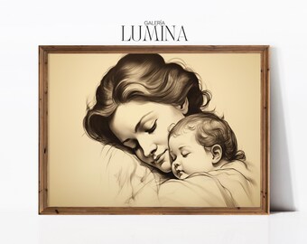 Antique Mother and Child Drawing Vintage Mom and Baby Sketch Neutral Line Drawing Mother Day's Gifts Digital Printable Art Frame TV Art 494