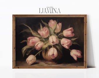 Pintura a óleo de tulipas rosa vintage, pintura de natureza morta de tulipas, pintura de flores antigas, arte de parede botânica, arte digital para impressão, moldura, arte de TV 469