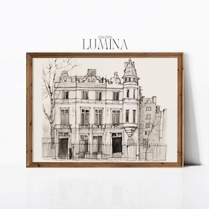 ロンドンのビクトリア朝建築のペン画、アパートのブロックの絵、ミニマリスト建築のスケッチアート、デジタル印刷可能なアートフレーム、テレビアート484