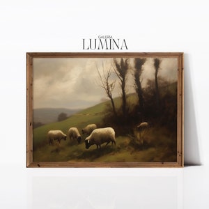 Sheep in Rolling Countryside Painting Classical Flock of Sheep Painting Vintage Farmhouse Old Print Digital Printable Art Frame TV Art 746