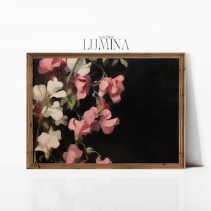 Sweet Pea Flowers Original Oil Painting Dark Background Antique Pink and White Floral Still Life Art Digital Printable Art Frame TV Art 678