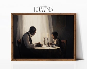 Black Father & Son Praying Original Painting The Thankful Poor Reproduction Painting African American Digital Printable Art Frame TV Art 364