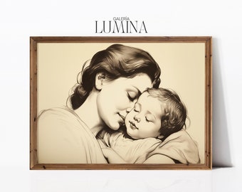 Antique Mother and Child Drawing Vintage Mom and Baby Sketch Neutral Line Drawing Mother's Day Gifts Digital Printable Art Frame TV Art 507