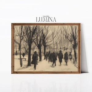 Könnte beinhalten: Eine Schwarzweißzeichnung von Menschen, die in einem Park spazieren gehen. Die Zeichnung ist in einem Holzrahmen gerahmt. Der Text "GALERIA LUMINA" ist oben auf dem Rahmen gedruckt.