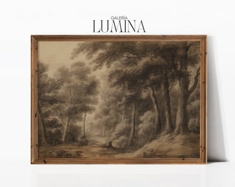 Könnte beinhalten: Eine gerahmte Schwarzweißzeichnung einer Waldszene. Die Zeichnung befindet sich in einem Holzrahmen mit einem weißen Passepartout. Der Text "GALERIA LUMINA" ist oben im Bild gedruckt.