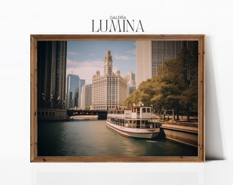 Chicago Riverwalk Fotografie Kunst Druck Wridley Gebäude Landschaft Druck Chicago River Travel Poster Digital Printable Art Frame TV Art 237