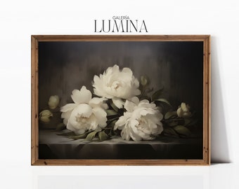 White Peony Flowers Oil Painting Moody Still Life Print Vintage Botanical Painting Rustic Floral Art Digital Printable Art Frame TV Art 210