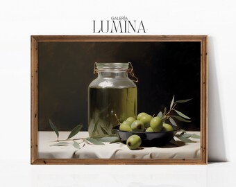 Pintura de naturaleza muerta con aceite de oliva, arte de pared rústico de granja, pintura al óleo de cocina, impresión artística de rama de olivo, marco de arte imprimible digital, arte de TV 213