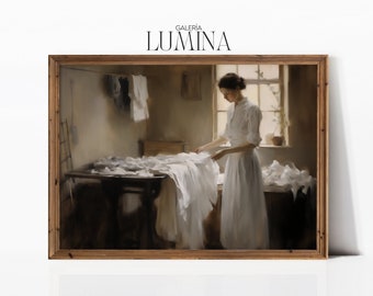 ランドリールーム印象派絵画アンティーク洗濯をする女性絵画ビクトリア朝の洗濯婦アートデジタル印刷可能なアートフレームテレビアート361