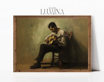 Hispanic Man Playing Guitar Original Oil Painting Man Portrait Painting Vintage Music Room Guitar Art Digital Printable Art Frame TV Art 359