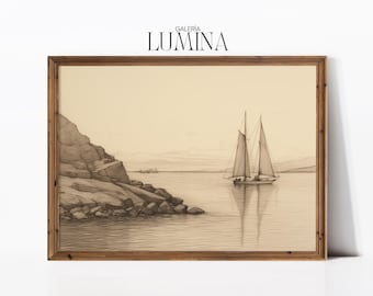 Könnte beinhalten: Eine gerahmte Schwarzweiß-Bleistiftzeichnung eines Segelboots auf einem ruhigen Gewässer mit einer felsigen Küste im Vordergrund. Die Zeichnung trägt den Titel "GALERIA LUMINA".