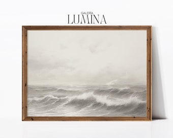 Ocean Waves Pencil Drawing Vintage Seascape Drawing Neutral Coastal Wall Art Nautical Home Decor Digital Printable Art Frame TV Art 422
