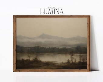 Foggy Hills Landscape Oil Painting Vintage Moody Cabin Wall Art Antique Neutral Scenery Art Print  Digital Printable Art Frame TV Art 432