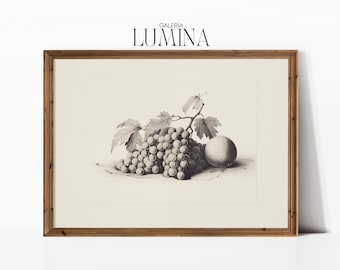 Könnte beinhalten: Ein gerahmter Schwarzweißdruck eines Stilllebens mit einer Traube und einem Apfel. Der Druck trägt den Titel "Galeria Lumina".
