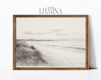 Vintage Beach Pencil Drawing Beach Landscape Sketch Sea Sketch Print Vintage Etching Neutral Wall Art Digital Printable Art Frame TV Art 349