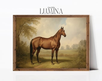 May include: A framed vintage print of a brown horse standing in a field. The horse has a dark mane and tail, and a white marking on its forehead. The background features trees, a grassy field, and a cloudy sky. The text "GALERIA LUMINA" is at the top.