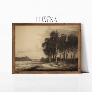 May include: A framed sepia-toned photograph of a row of trees in a field. The trees are silhouetted against a cloudy sky. The image is titled "Galeria Lumina".
