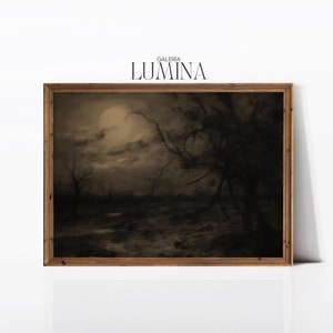 Dark Landscape Charcoal Drawing Vintage Moody Abstract Landscape Painting Antique Rustic Forest Print Digital Printable Art Frame TV Art 418