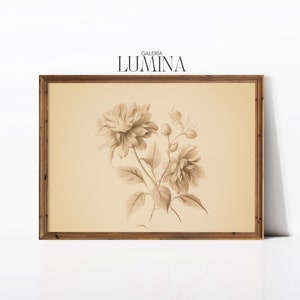 Vintage Flower Pencil Sketch Minimalist Botanical Sketch Antique Floral Sketch Neutral Flower Etching Digital Printable Art Frame TV Art 406