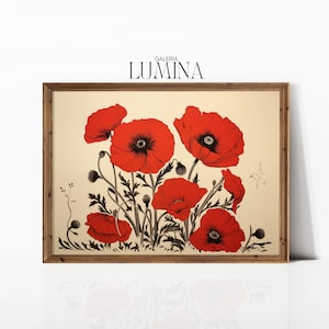 Vintage Red Poppies Art Print Red Poppy Wall Art Retro Botanical Poster Wildflowers Nature Wall Art Digital Printable Art Frame TV Art 218