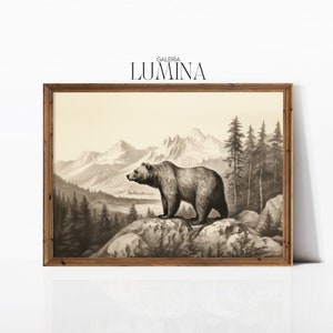 Brown Bear in The Mountains Original Drawing Grizzly Painting Wildlife Photography Nature Wall Art Digital Printable Art Frame TV Art 071
