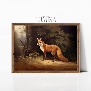 May include: A framed painting of a red fox standing in a forest setting. The fox is looking to the left of the image. The painting is in a wooden frame.