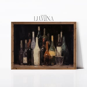 Wine Bottles Original Oil Painting Abstract Bottle Dining Room Painting Vintage Dark Fine Art Print Digital Printable Art Frame TV Art 416