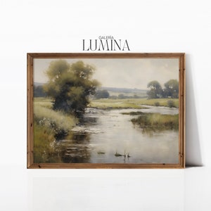 Dipinto ad olio impressionista vintage inglese River, stampa di un paesaggio estivo tenue, arte murale antica del fiume, cornice per la stampa digitale, arte TV 338