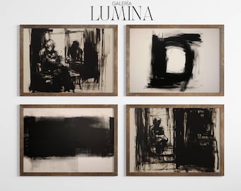 Zestaw 4 abstrakcyjnych czarno-białych wydruków w minimalistycznym, nowoczesnym stylu, monochromatycznych, ekspresjonistycznych obrazów tuszem, współczesnej galerii dekoracji ściennych