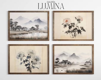 May include: Four framed art prints with Asian-inspired watercolour paintings. The prints show serene landscapes with mountains, pagodas, and floral arrangements in muted tones of grey, brown, and white. The text "GALERIA LUMINA" is at the top.