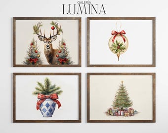 Minimalist Christmas Decorative Set of 4 Prints Holiday Christmas Ornament Decor Festive Gallery Wall (Digital Printable Art + Frame TV Art)