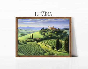 Italy Tuscany Green Hillside Original Painting European Nature Landscape Painting Toscana Art Print Digital Printable Art Frame TV Art 080