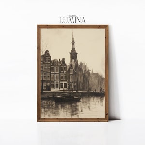 Vintage Etching of Old Amsterdam Houses Antique European City Sketch Amsterdam Landscape Drawing Digital Printable Art Frame TV Art 319